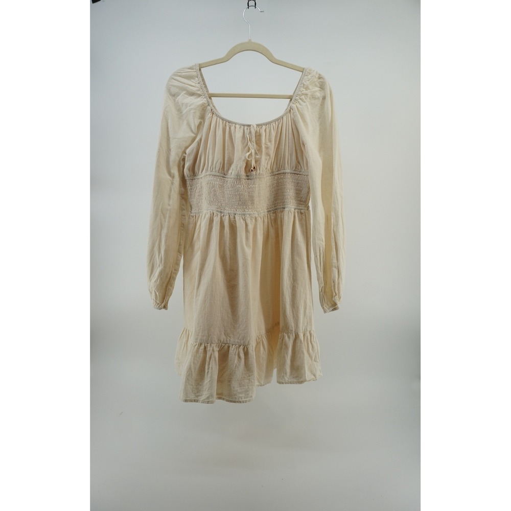 boho long sleeve Mini Dress Cottagecore Praire Peasant Smocked Cotton Cream XL